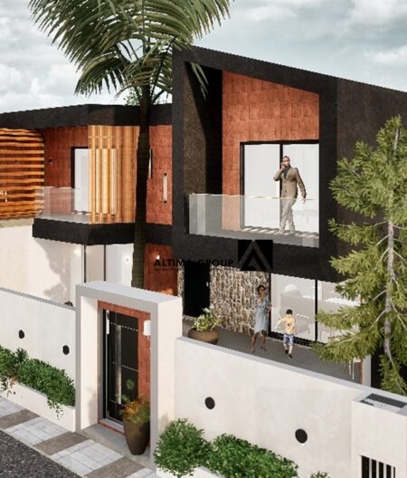 Villa contemporaine à Jacqueville avec façade vitrée et ventilation naturelle, actuellement en chantier.