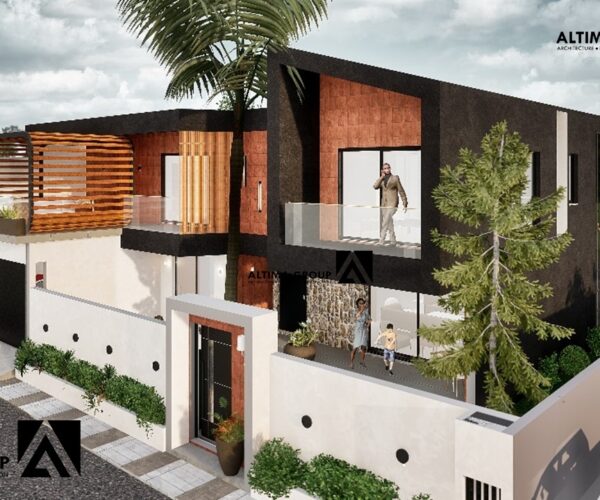 Villa contemporaine à Jacqueville avec façade vitrée et ventilation naturelle, actuellement en chantier.