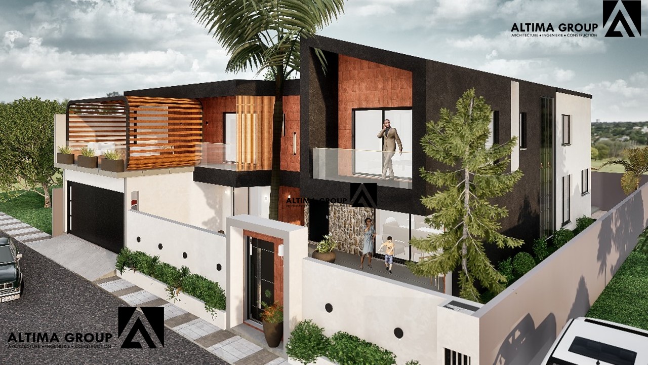 Villa contemporaine à Jacqueville avec façade vitrée et ventilation naturelle, actuellement en chantier.