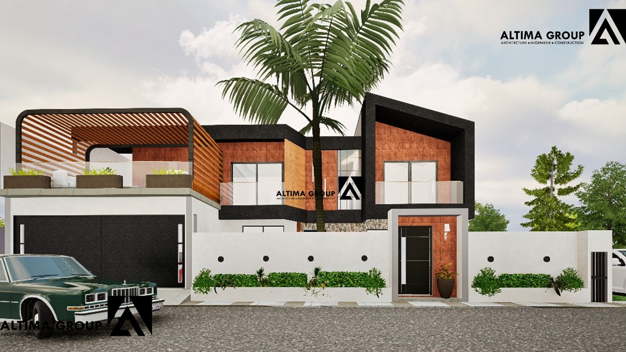 Villa contemporaine à Jacqueville avec façade vitrée et ventilation naturelle, actuellement en chantier.