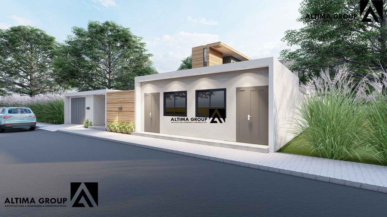 Villa à Zopa Calavi avec appartements en location au rez-de-chaussée et résidence principale à l’étage. Projet pensé pour une construction par étapes.