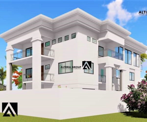 Villa R+2 à Calavi, une maison-projet de vie avec piscine et balcons, au design simple et dynamique.